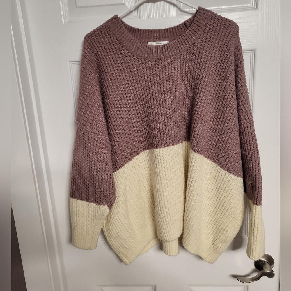 Warehouse Two-Tone Knit Sweater in Mauve and Cream